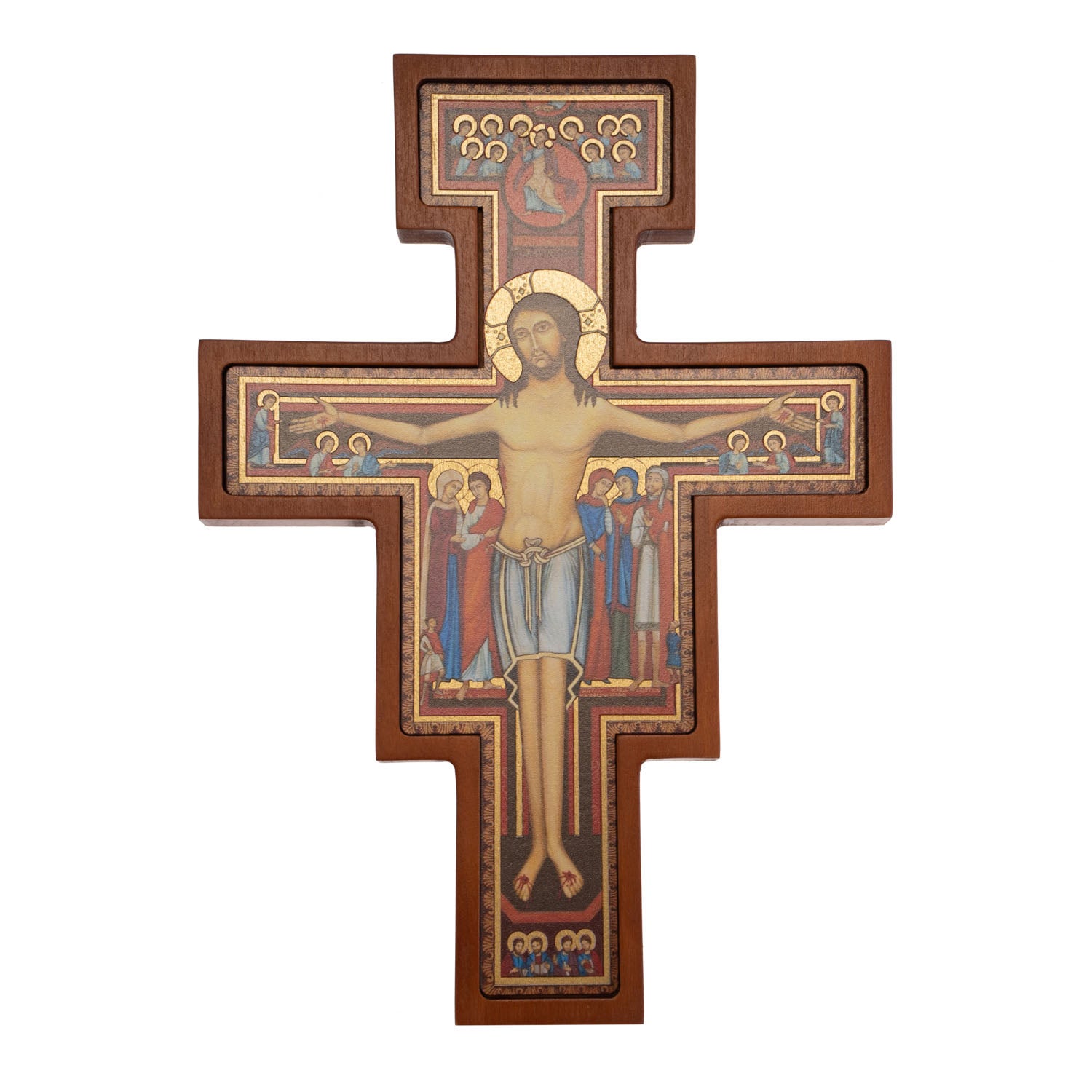 Krzyż drewniany wiszący Złocony na ścianę św. Franciszek San Damiano 28cm - Krzyż św. Franciszka