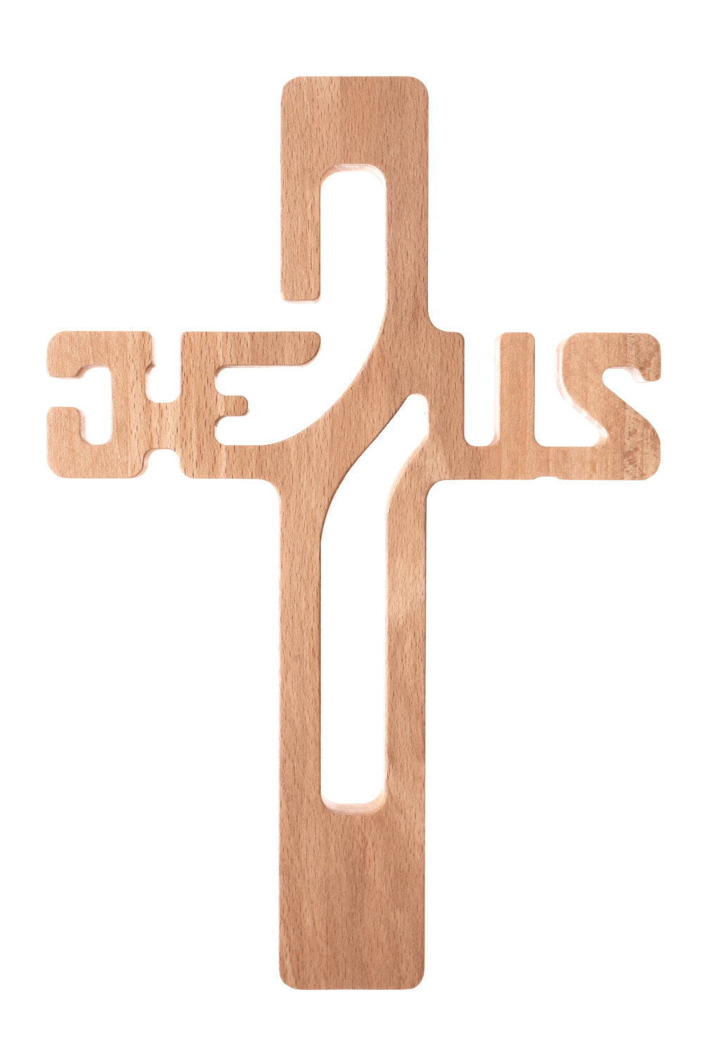 Krzyż drewniany Na ścianę do zawieszenia wiszący Grube Drewno JEZUS 25cm jasny - napis Jezus