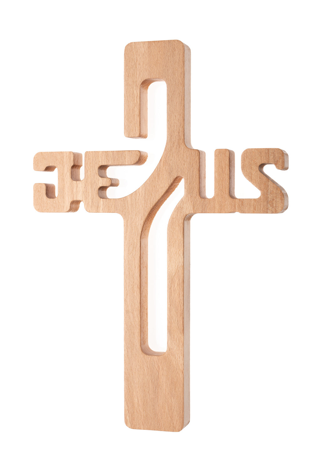 Krzyż drewniany Na ścianę do zawieszenia wiszący Grube Drewno JEZUS 25cm jasny - napis Jezus